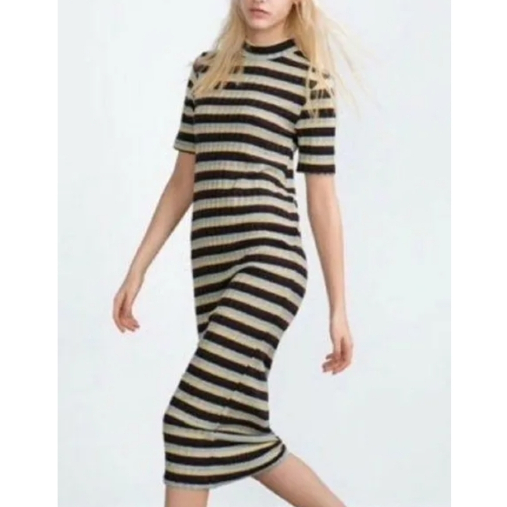 Y2K ZARA MULTICOLOR METALLIC MOCK NECK STRIPED KNIT BODYCON DRESS SIZE LARGE